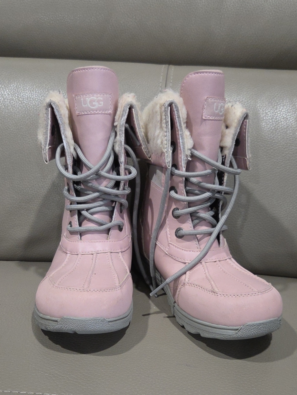 UGG Kids Pink Lace-Up Faux Fur Winter Boots